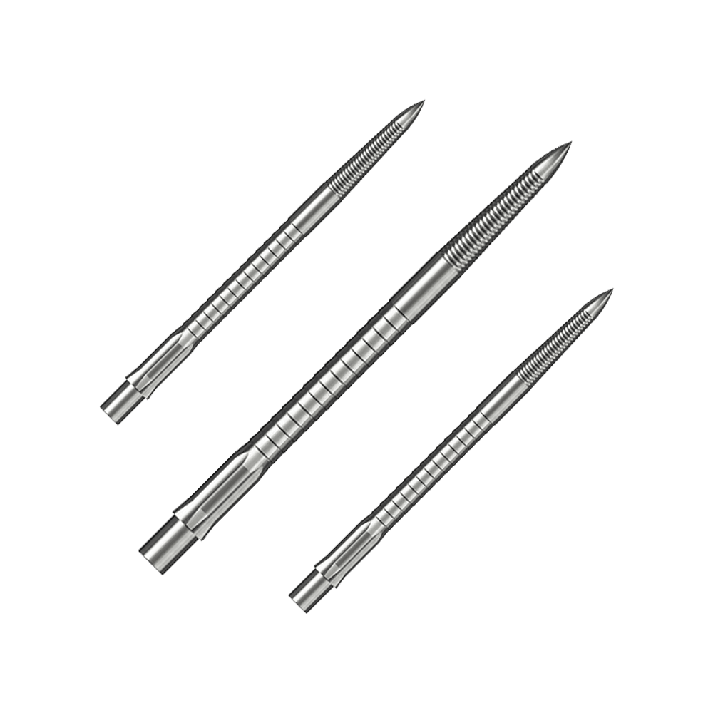 Caliburn System Steeldartspitzen - Micro Grip - Silber Das Bild zeigt ein Set von Steeldartspitzen mit Micro Grip, Silber, 40mm. Die Spitzen sind geordnet auf einem weißen Hintergrund angeordnet.