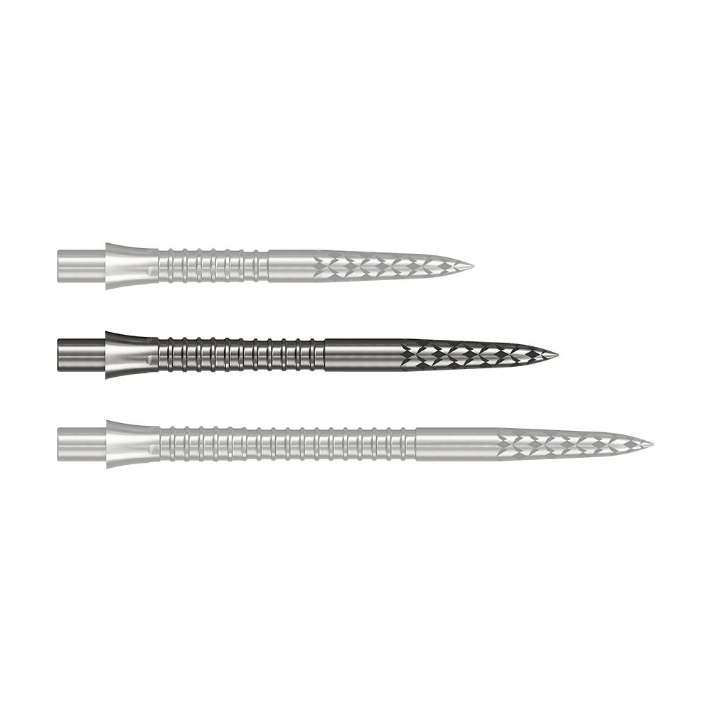 Dieses Bild zeigt eine Steeldartspitze in Silber mit 32 mm Länge. Es stammt aus der Datei M002128_Missoin_Caliburn_EVO_GV-Logo_Steeldartspitzen_Silber_32mm_1.