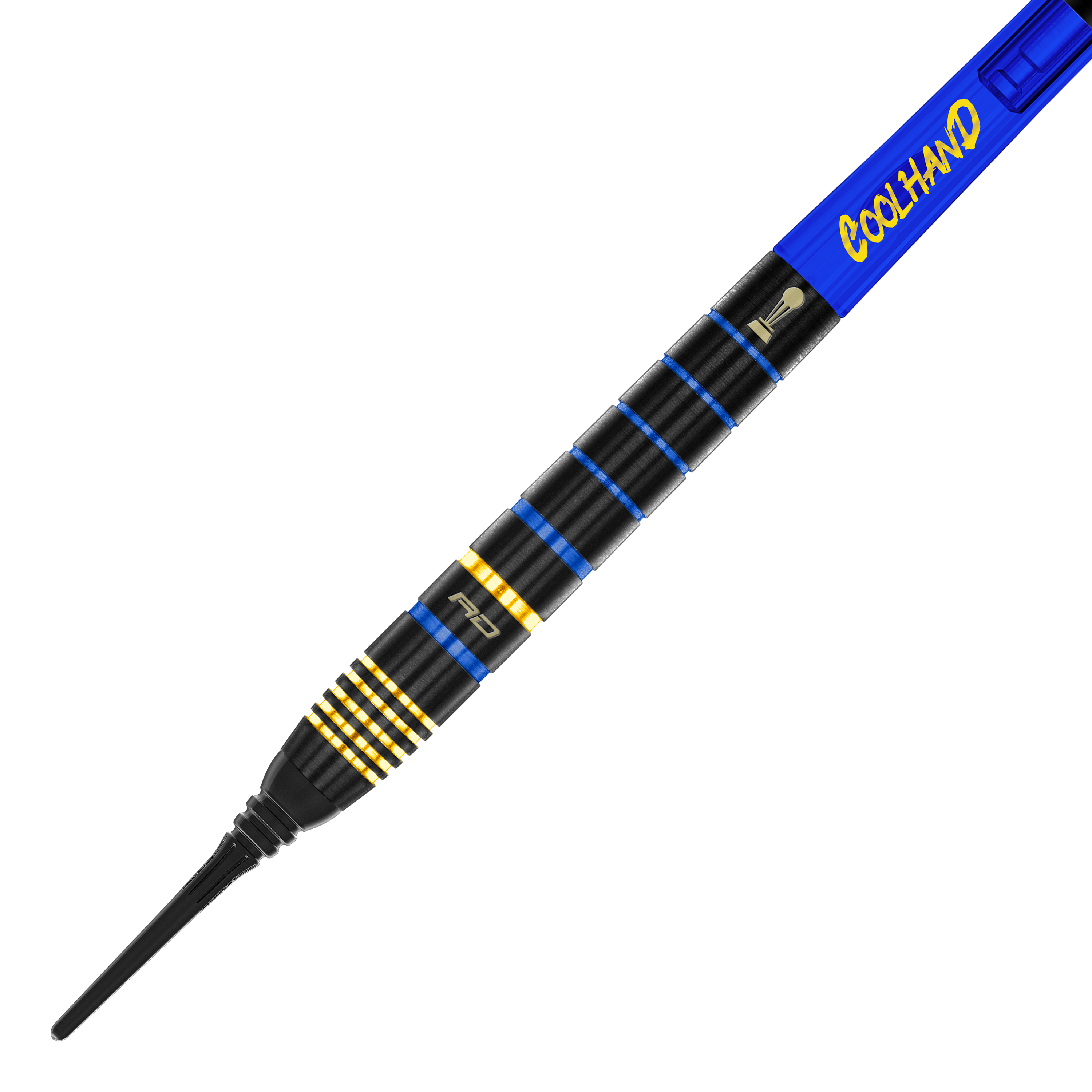 Red Dragon Luke Humphries TX4 Avenger Softdarts - 20g Das Bild zeigt einen Red Dragon Luke Humphries TX4 Avenger Softdart mit einem Gewicht von 20g. Der Dart ist überwiegend schwarz mit blauen und goldenen Ringen sowie der Aufschrift "COOLHAND" auf dem blauen Schaft.