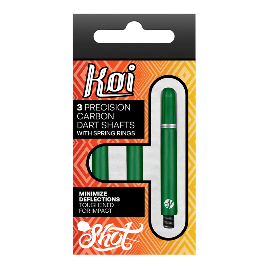 Shot Koi Carbon Shafts - Grün Die Verpackung zeigt drei grüne Präzisions-Carbon-Dartschäfte mit Federringen der Marke Koi. Sie sind darauf ausgelegt, Ablenkungen zu minimieren und sind für hohe Belastungen verstärkt.
