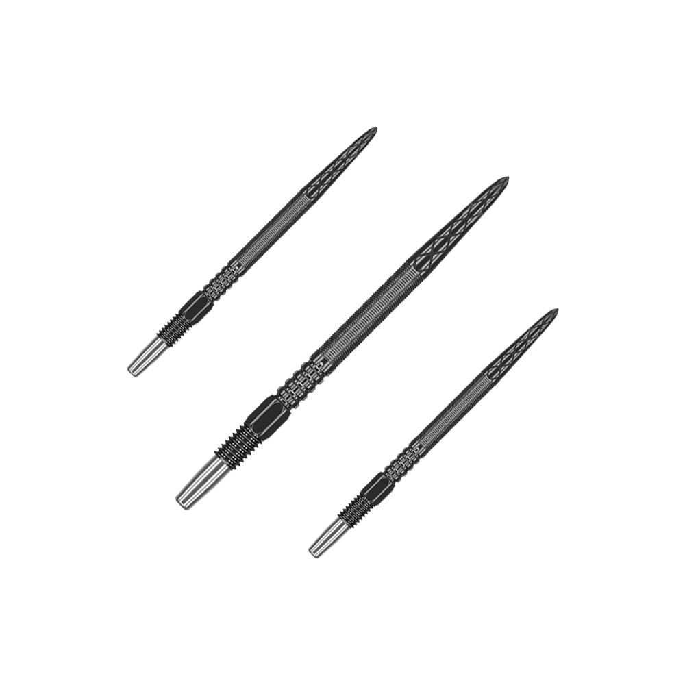 Das Bild zeigt drei schwarze Dartspitzen, die nebeneinander angeordnet sind. Sie haben ein geriffeltes Design und eine spitze Form.