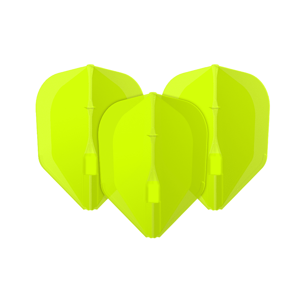 L-Style L3EZ Flights Das Bild zeigt drei neon-gelbe Dartflights. Sie stehen nebeneinander und haben eine klassische Pfeilform.