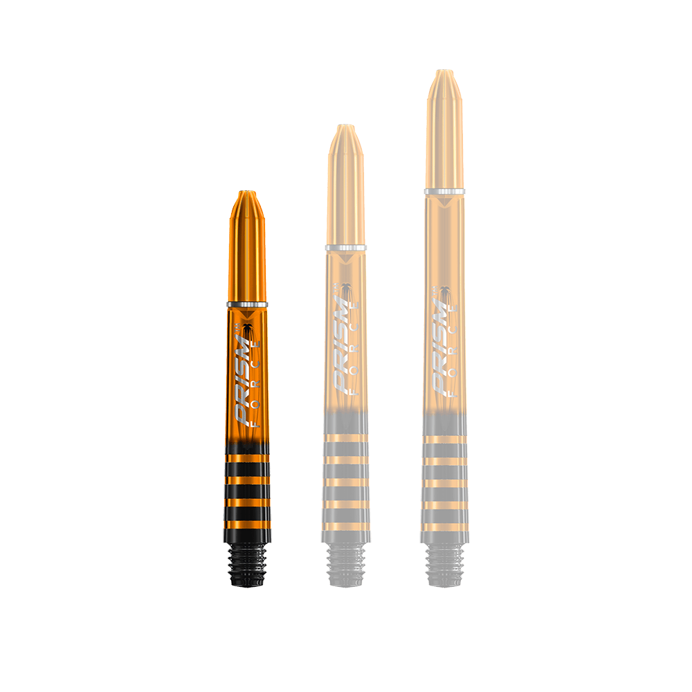 7020-107_Winmau_Prism_Force_Shafts_Orange_35mm_1i6NOQ7AicmdKU Das Bild zeigt drei orangefarbene Winmau Prism Force Shafts in unterschiedlichen Längen. Die Shafts haben schwarze Streifen und silberne Akzente.