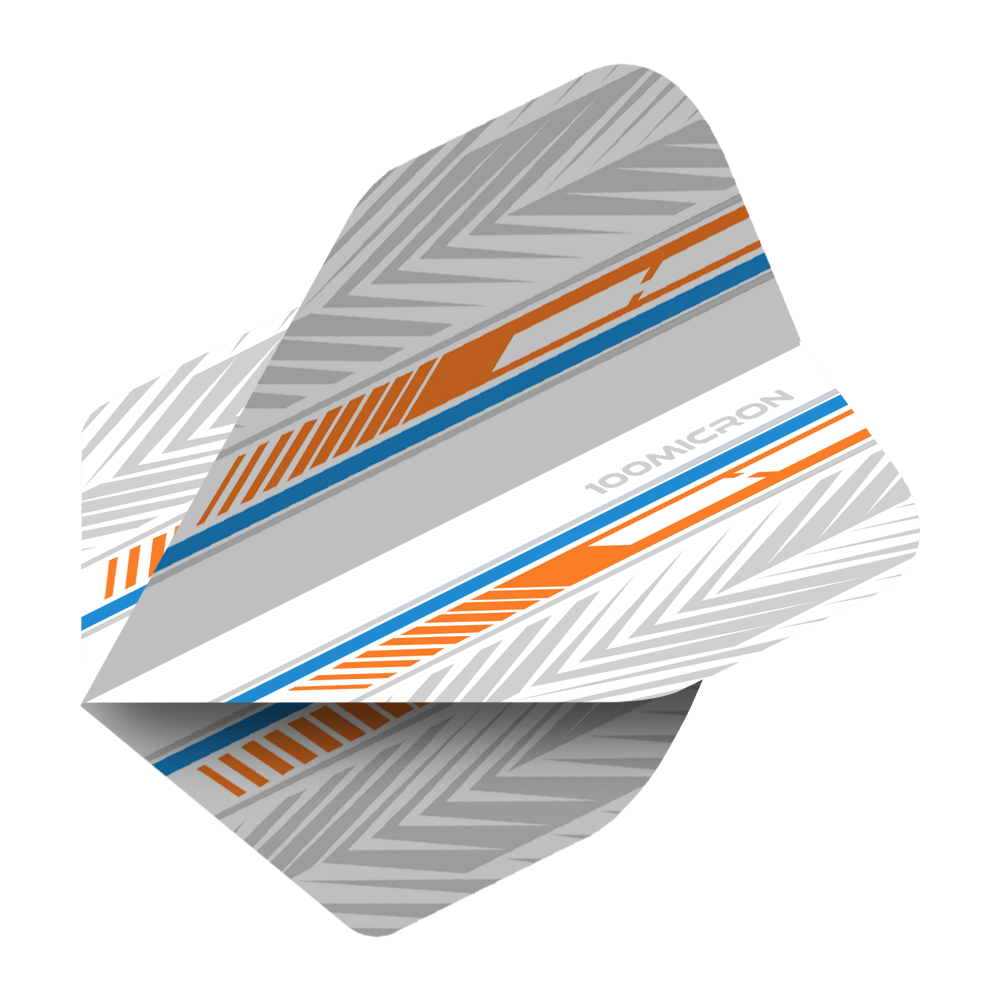 Pentathlon Flights weiß/orange/blau Das Bild zeigt ein Pentathlon Standard Dartflight in den Farben Weiß, Orange und Blau. Das Flight hat ein modernes, grafisches Muster mit der Aufschrift "100 MICRON".