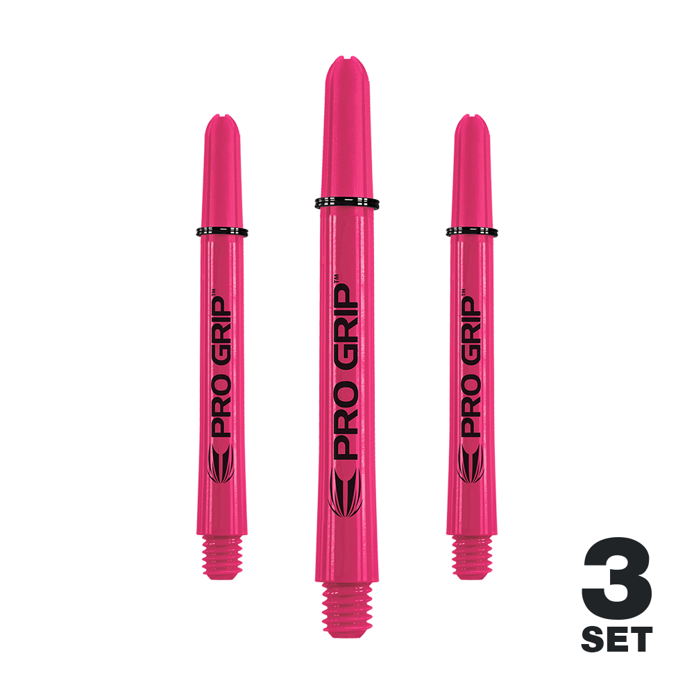 Das Bild zeigt drei pinke Pro Grip Shafts für Dartpfeile. In der rechten unteren Ecke steht "3 SET".