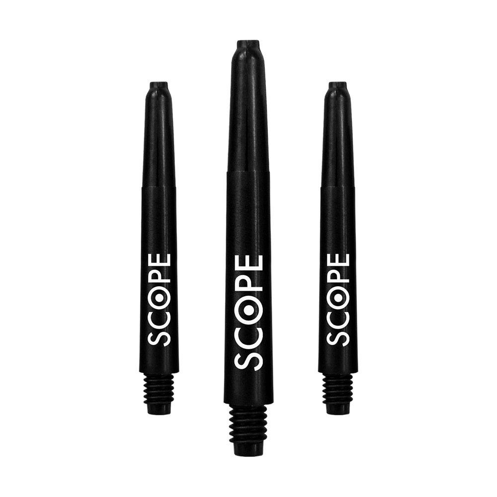 522_McDart_Scope_Nylon_Shafts_Schwarz_41mm_1TpW6mwUFccj0s Das Bild zeigt drei schwarze McDart Scope Nylon Shafts. Auf jedem Schaft steht in weißer Schrift das Wort "SCOPE".