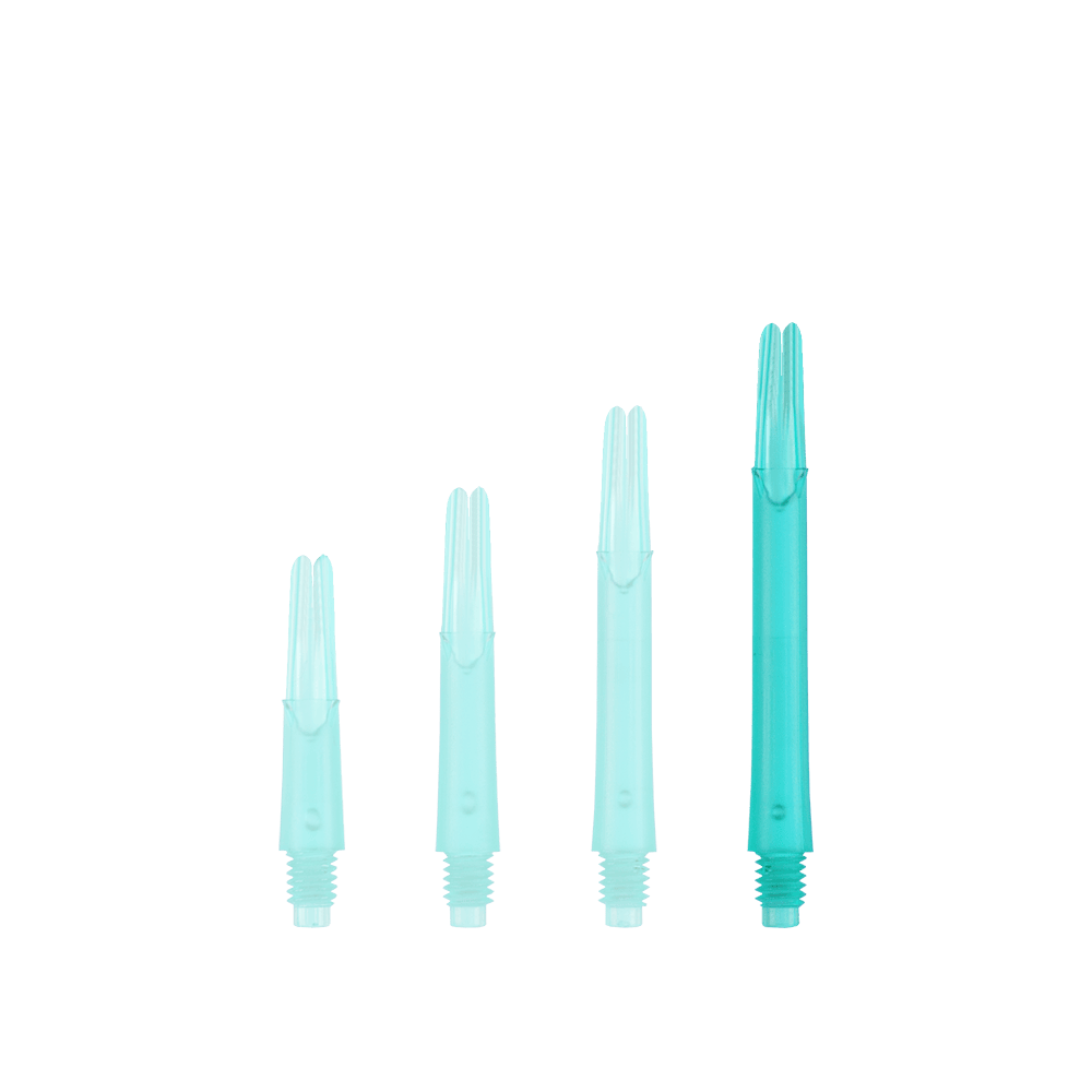 L-Style L-Shafts Locked Straight - Emerald 330 Das Bild zeigt vier türkisfarbene, gerade Dartschäfte in unterschiedlichen Längen. Sie sind aufrecht und nebeneinander angeordnet.