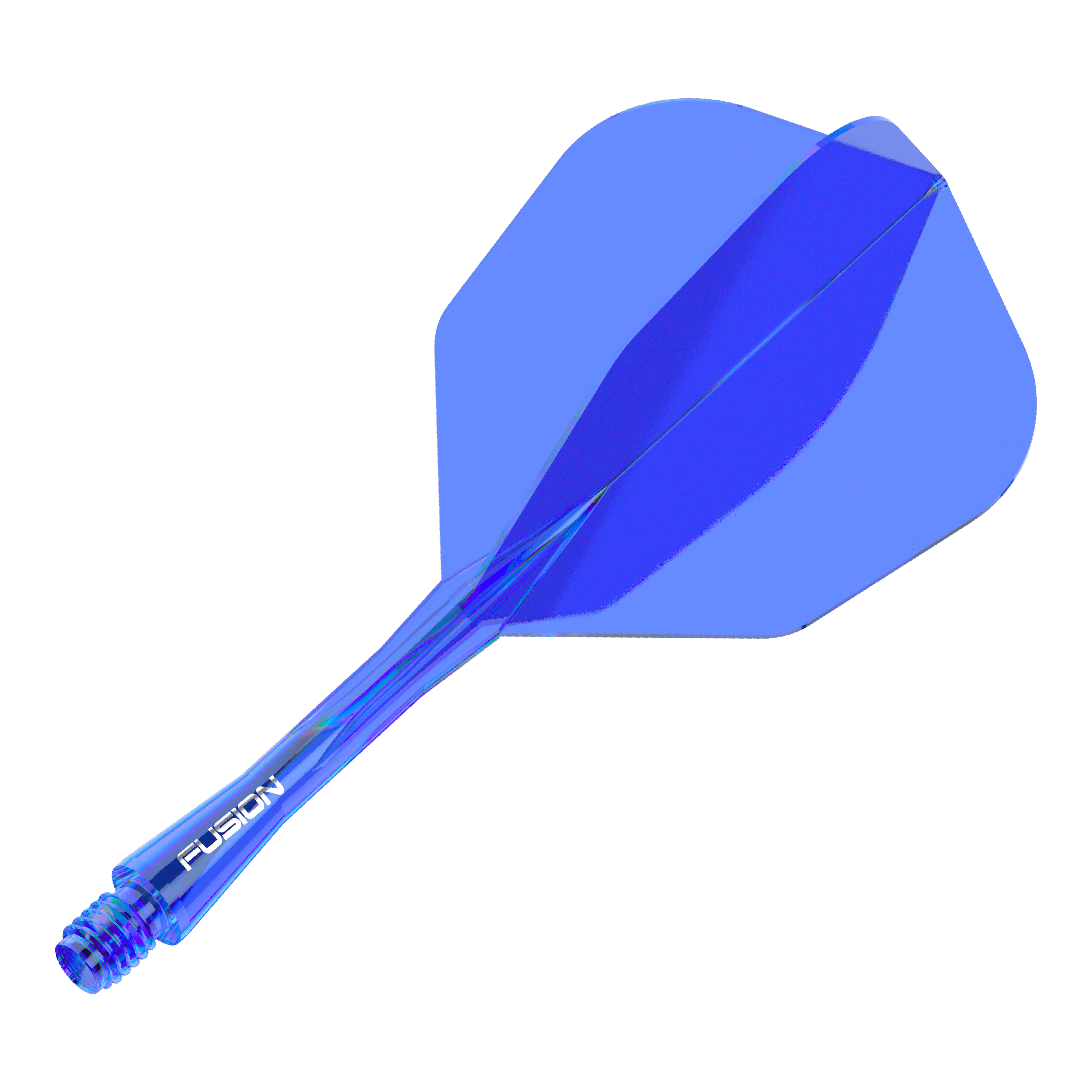 Winmau Fusion Flight Shaft System No6 Blau 28mm ist auf dem Bild zu sehen. Das Bild zeigt ein blaues Dart-Zubehörteil aus der Produktlinie Fusion.