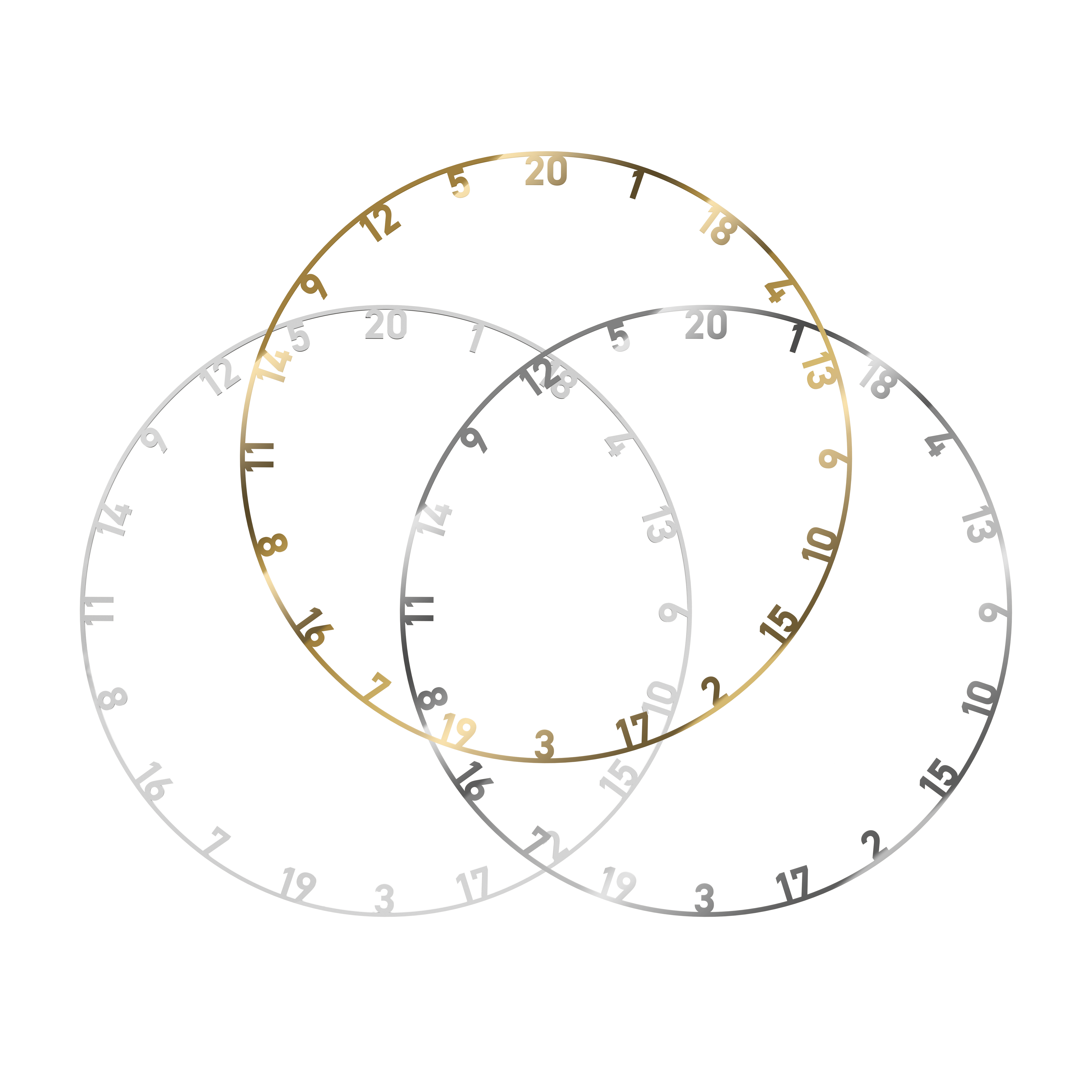 Das Bild zeigt drei Zahlenringe für ein Steeldartboard in den Farben Gold, Silber und Weiß. Die Zahlenringe sind kreisförmig und überlappen sich teilweise.