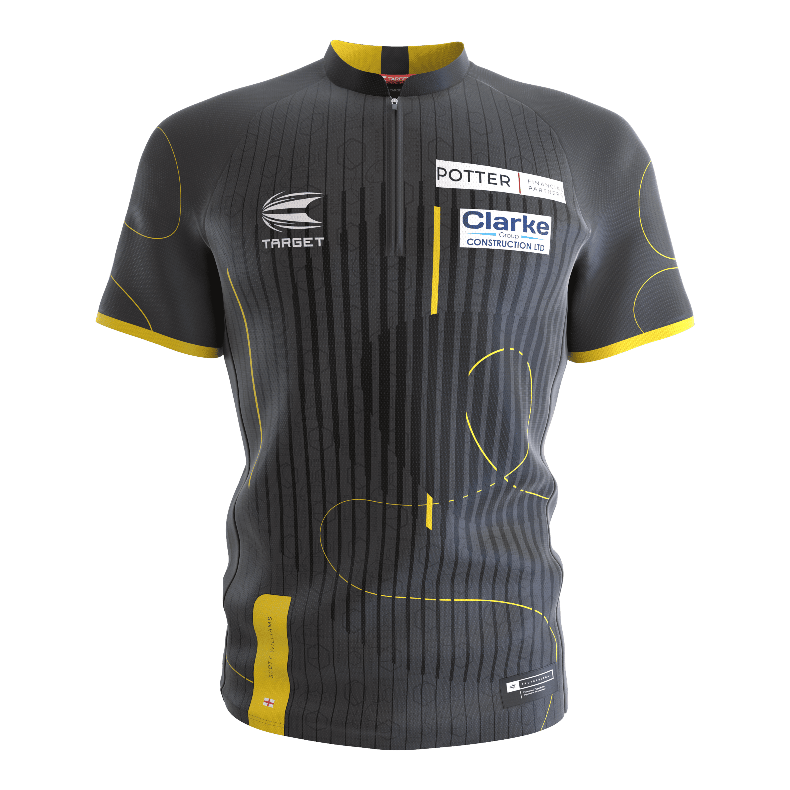 Target Coolplay Collarless Scott Williams Dartshirt Das Bild zeigt ein kurzärmliges Dartshirt ohne Kragen in dunklem Grau mit gelben Akzenten. Auf dem Shirt befinden sich Sponsorenlogos sowie dezente Musterlinien.