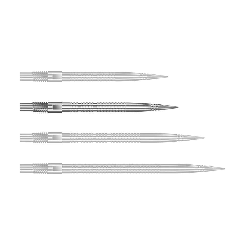 Silberne Quick Point MicroRidge Dartspitze von Harrows mit 30 mm Länge ist im Bild zu sehen. Die Spitze liegt einzeln auf hellem Hintergrund.