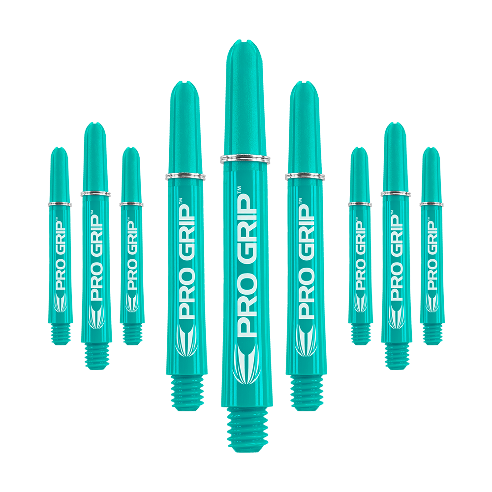 Das Bild zeigt neun aqua-farbene Dartschäfte mit der Aufschrift "PRO GRIP". Sie sind in drei Reihen angeordnet und haben ein einheitliches Design.