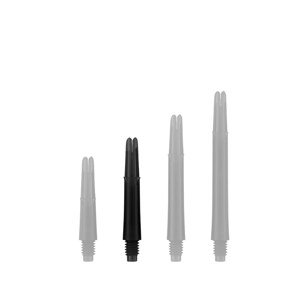 L-Style L-Shafts Locked Straight - Black 190 Auf dem Bild sind vier schwarze, gerade Dartschäfte in unterschiedlichen Längen zu sehen. Sie stehen nebeneinander aufrecht vor weißem Hintergrund.