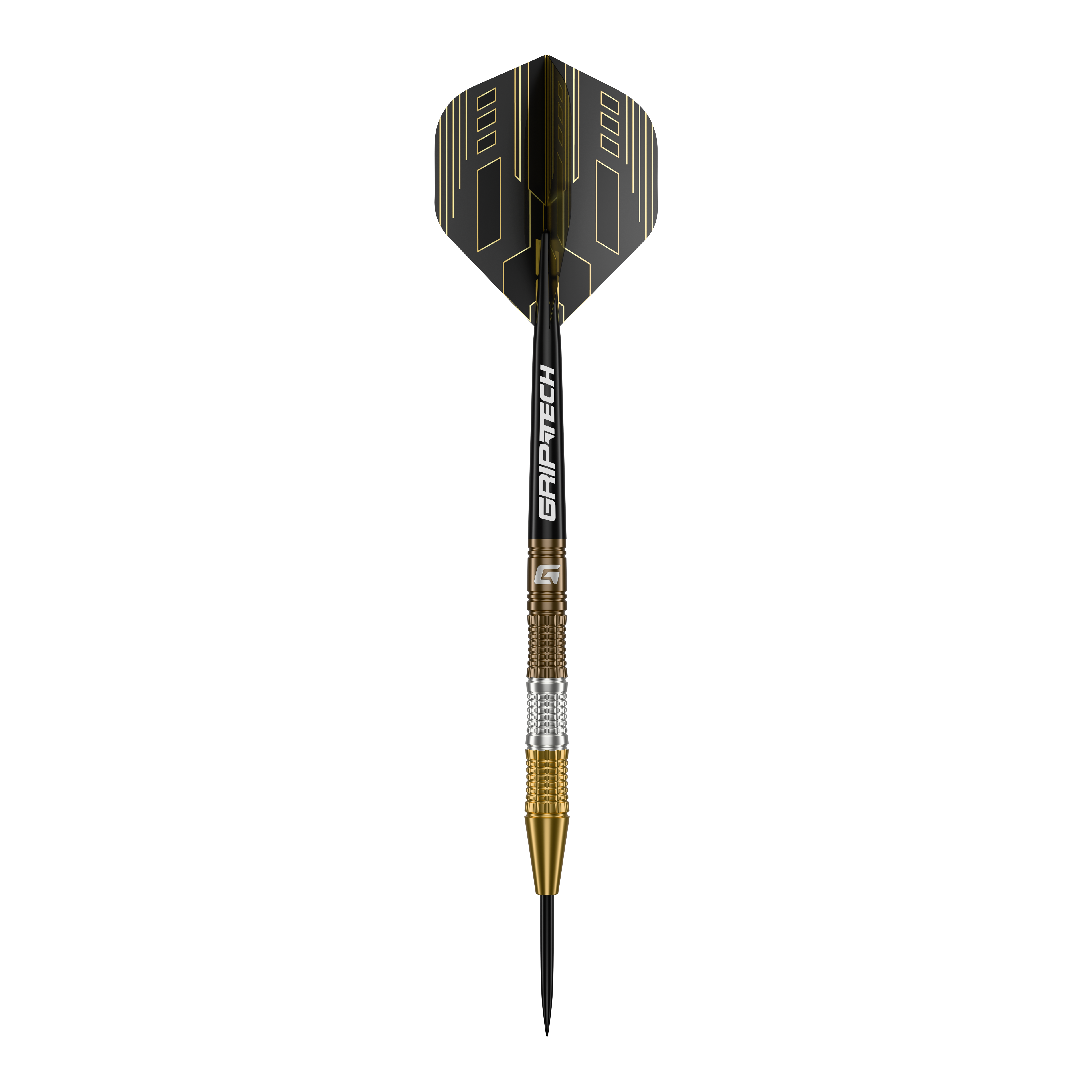 GOAT Ceremony Tungsten Steeldarts Das Bild zeigt einen GOAT Ceremony Tungsten Steeldart mit einem eleganten Design in Gold, Silber und Schwarz. Auf dem Schaft steht der Schriftzug "GRIP-TECH".