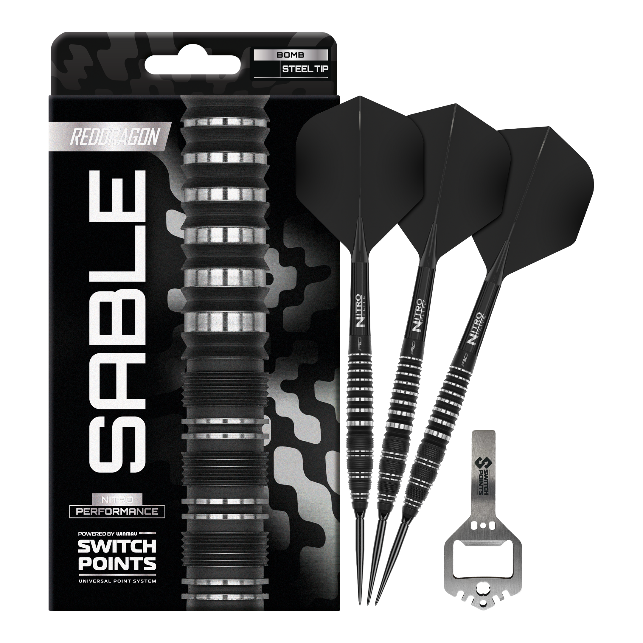 Das Bild zeigt Red Dragon Sable Bomb Switch Point Steeldarts in voller Ansicht. Diese Darts bieten eine ausgezeichnete Balance und Kontrolle.
