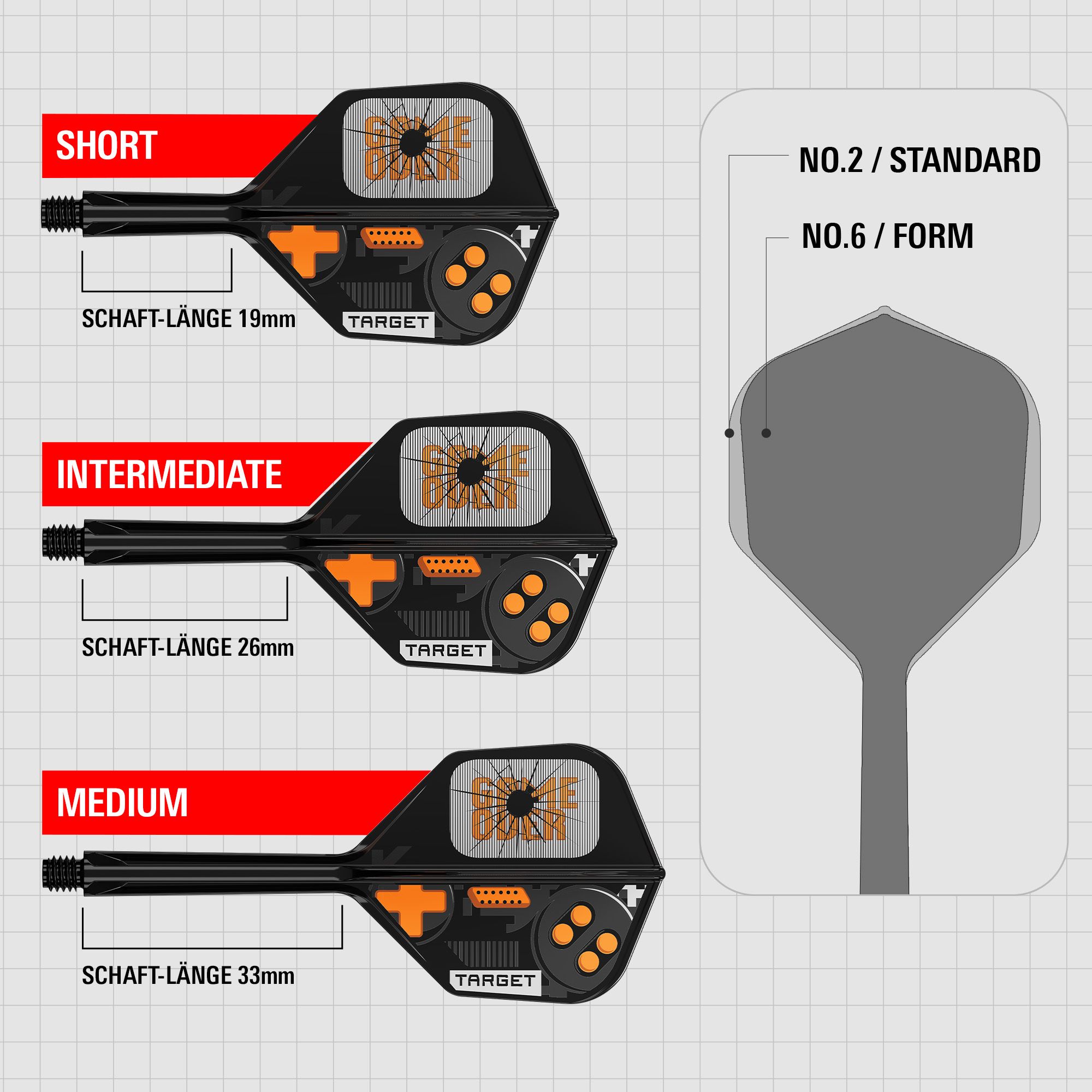 Das Bild stellt die Target K-Flex Game Over No6 Flights dar. Diese Flights sind speziell für Darts entwickelt.