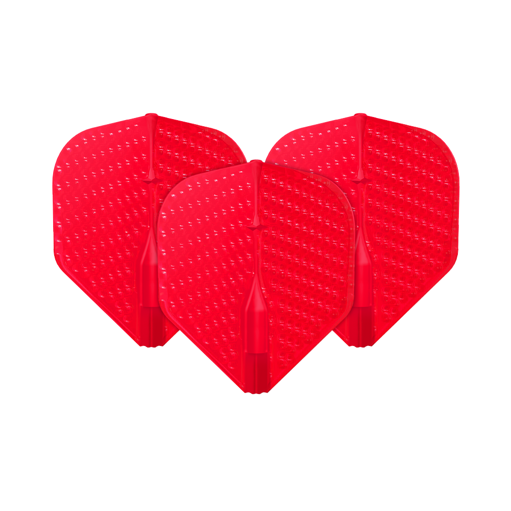 Auf dem Bild sind drei rote Dartflights mit einer dimpled (genoppten) Oberfläche zu sehen. Sie stehen nebeneinander und sind identisch geformt.