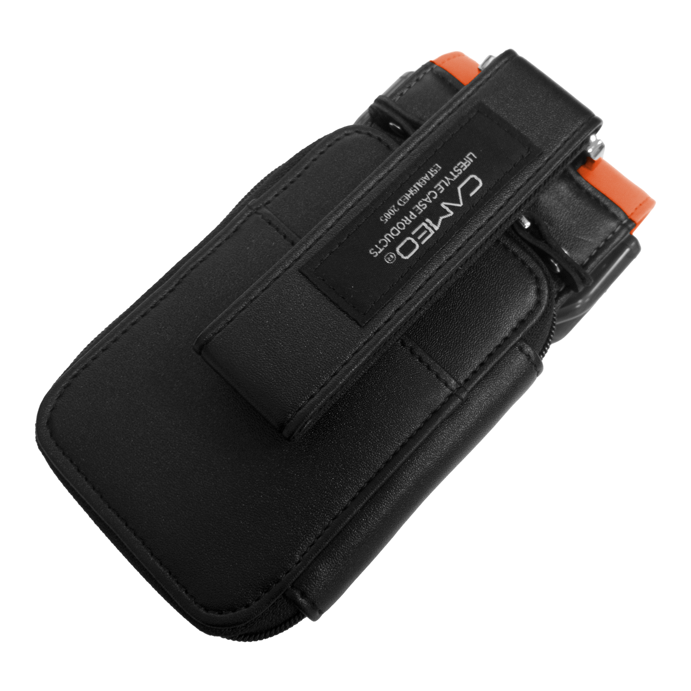 Cameo Garment 2.5 Dartcase Dies ist ein schwarzes Dart-Etui mit orangefarbenen Akzenten. Auf der Vorderseite befindet sich ein Aufnäher mit dem Markennamen "CAMEO".