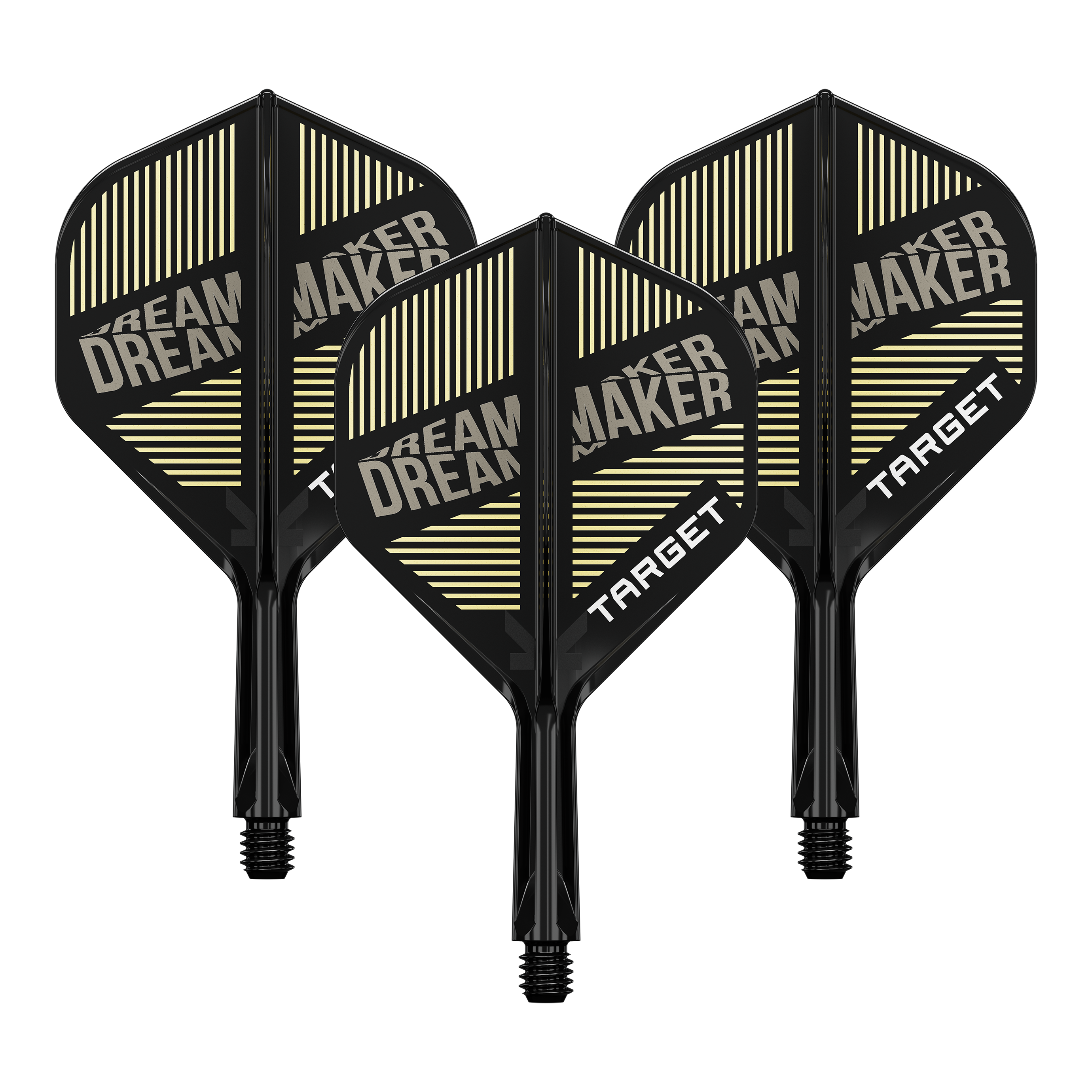 Auf dem Bild sind drei schwarze Dartflights mit integriertem Schaft zu sehen. Auf den Flights steht „DREAM MAKER“ und „TARGET“ in weißen Buchstaben.