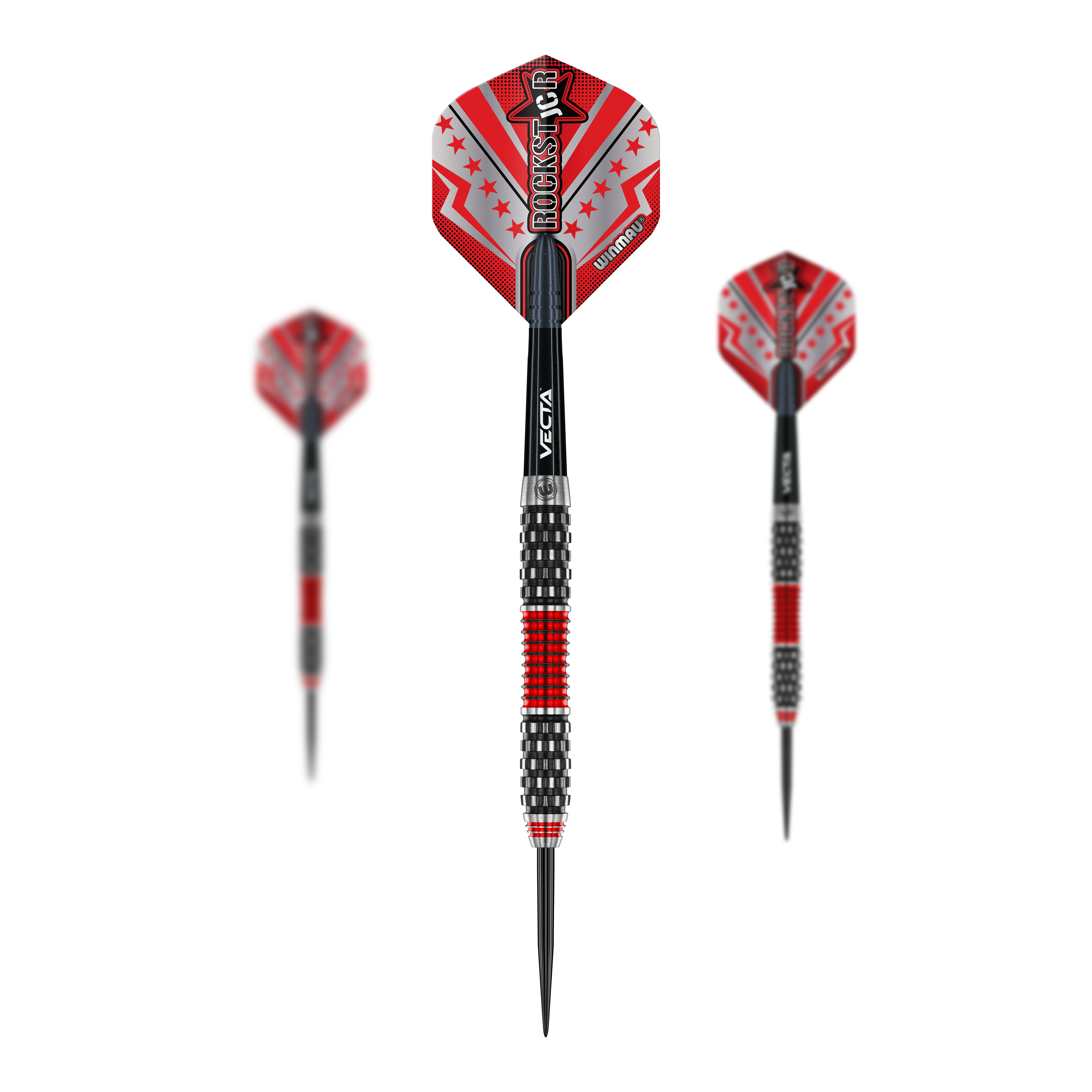 Winmau Joe Cullen Rockstar Series RS1 Steeldarts Das Bild zeigt drei Steeldarts der Marke Winmau Joe Cullen Rockstar Series RS1. Die Darts haben rote und schwarze Flights mit dem Schriftzug "Rockstar" und ein auffälliges, farbiges Griffdesign.