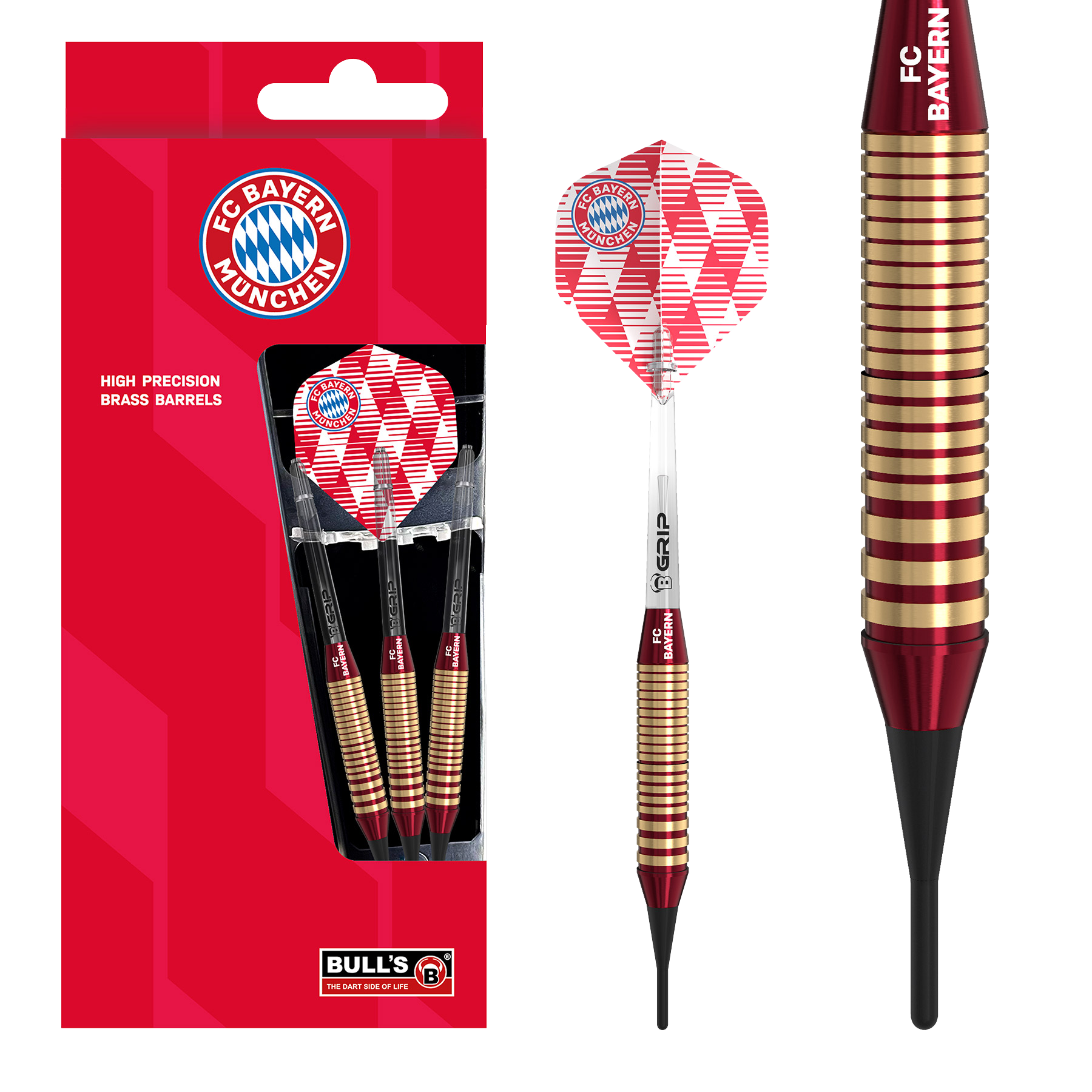 Bulls FC Bayern München Brass Softdarts - 18g Das Bild zeigt die Bulls FC Bayern München Brass Softdarts mit einem Gewicht von 18g. Das Produkt ist speziell für Fans des FC Bayern München entworfen.