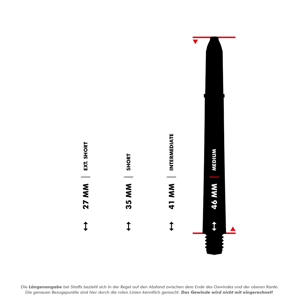 Das Bild zeigt die Winmau Pro-Force Shafts - Schwarz in vier verschiedenen Längen. Die Längen sind 27 mm (Extra Short), 35 mm (Short), 41 mm (Intermediate) und 46 mm (Medium).