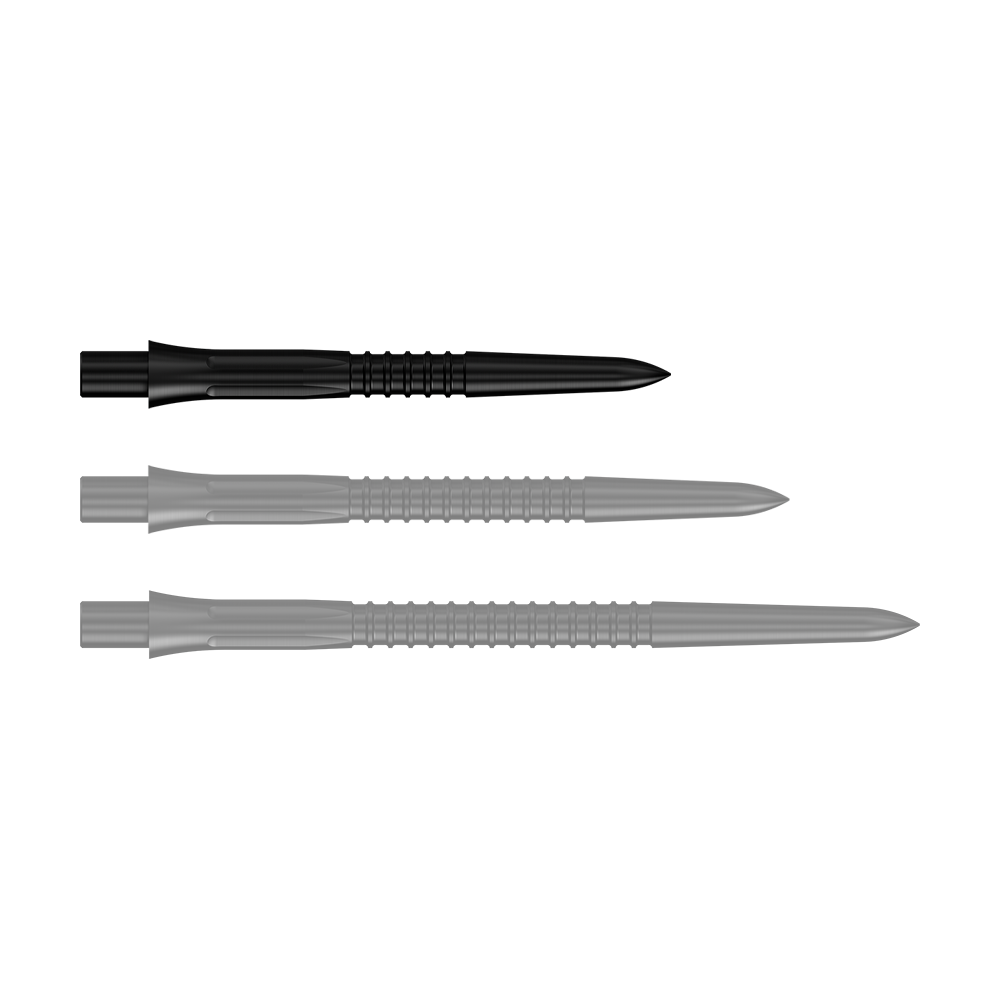 Mission Caliburn EVO Dartspitzen GV1 - Schwarz Schwarze Steeldartspitzen, 26 mm Länge, aus der Misson Caliburn EVO GV1 Serie. Die Aufnahme zeigt eine Detailansicht der Dartspitzen.