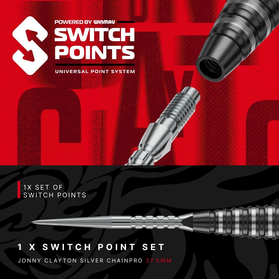 Red Dragon Jonny Clayton RD-PRO Switch Point Steeldarts Das Bild präsentiert Red Dragon Jonny Clayton RD-PRO Switch Point Steeldarts. Die Dartpfeile sind geordnet auf einer hellen Fläche zu sehen.