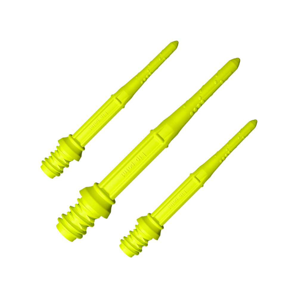 LIP46_L-Style_Premium_Lippoints_30_Softdartspitzen_30erPack_Neongelb_1 Auf dem Bild sind drei neongelbe Softdartspitzen zu sehen. Sie haben ein Schraubgewinde und sind aus Kunststoff gefertigt.