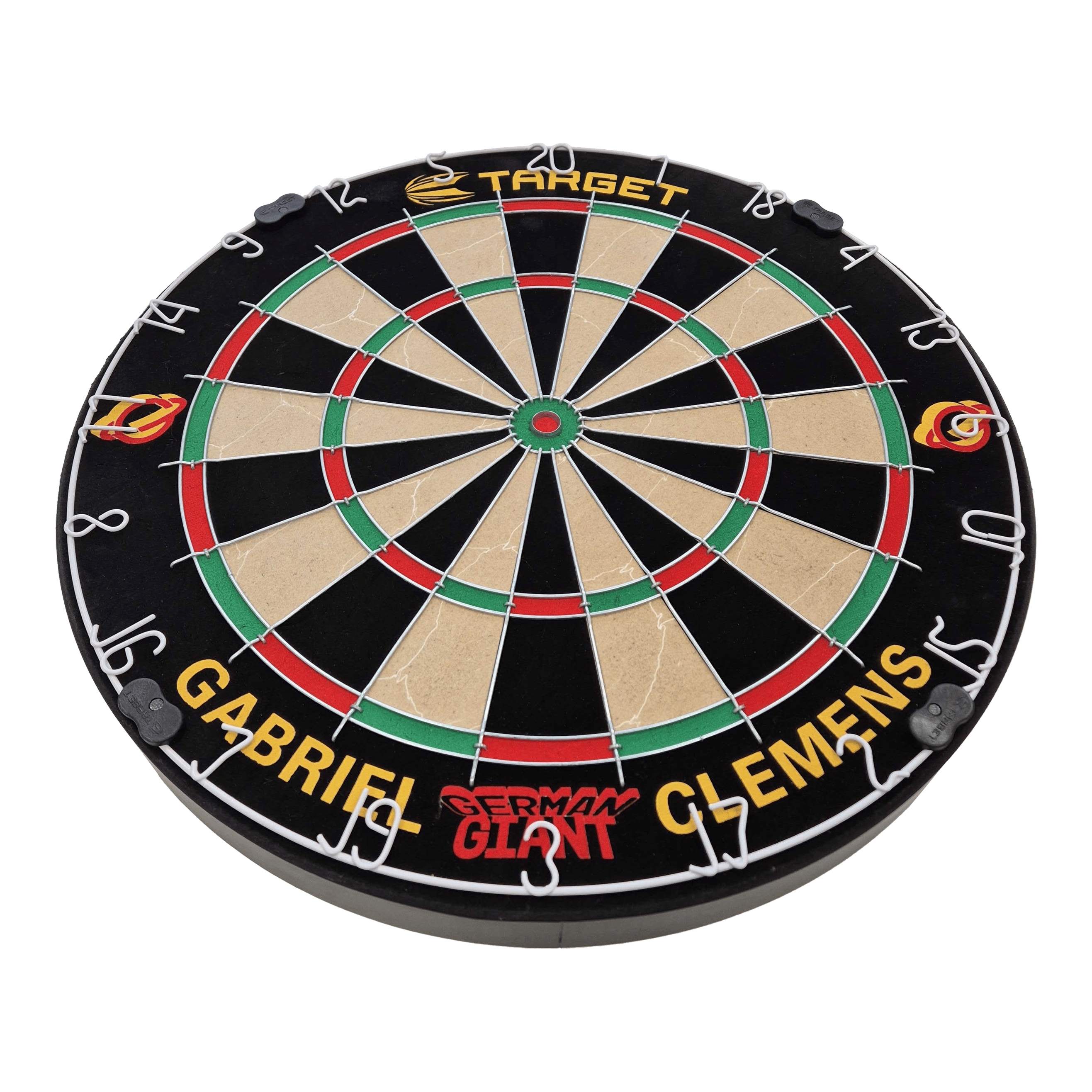 Target Gabriel Clemens Steeldartboard Set Dies ist eine Steeldartboard-Set mit der Aufschrift „Gabriel Clemens“ und „German Giant“. Das Board ist von der Marke Target und hat die klassischen Farben und Markierungen eines Dartboards.