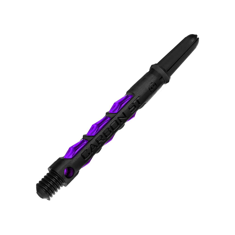 Das Bild zeigt einen Harrows Carbon ST Shaft in der Farbe Lila. Der Schaft ist schwarz mit auffälligen lila Akzenten gestaltet.