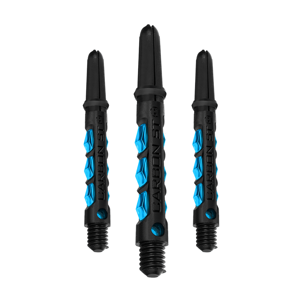 HR411_Harrows_Carbon_ST_Shafts_Aqua_40mm_14dmabHsPYm1me Das Bild zeigt drei Harrows Carbon ST Shafts in der Farbe Aqua. Die Dartschäfte sind schwarz mit blauen Akzenten und haben ein modernes Design.