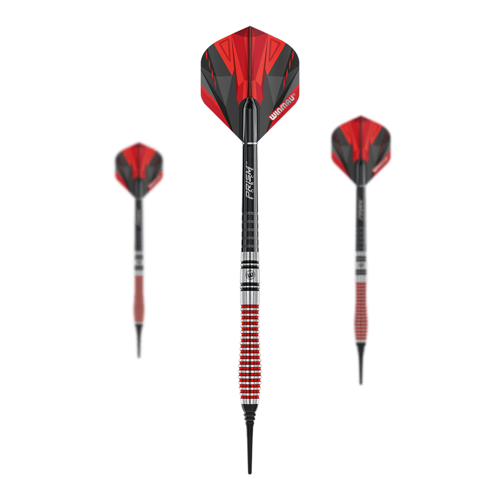 Winmau Dennis Priestley Special Edition Softdarts - 22g Das Bild zeigt die Winmau Dennis Priestley Special Edition Softdarts mit einem Gewicht von 22g. Die Darts haben ein auffälliges Design in Rot, Schwarz und Silber.