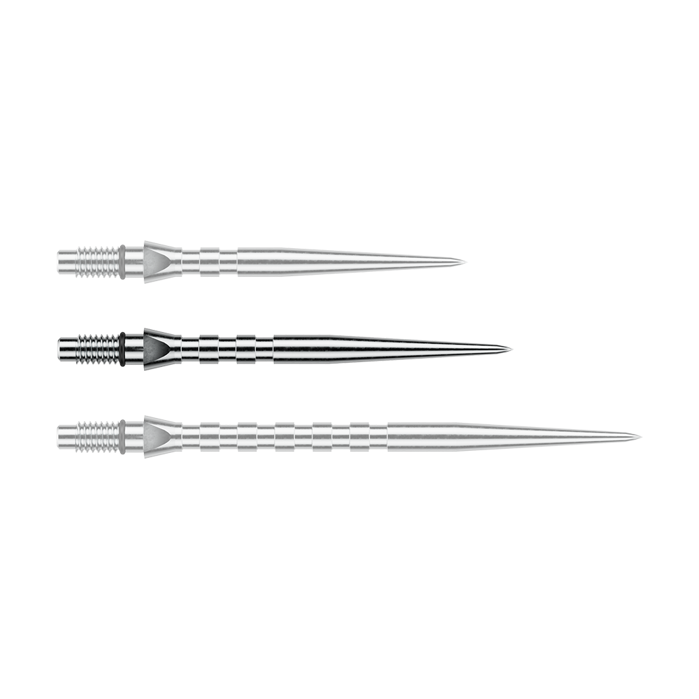 Abgebildet ist eine einzelne Winmau Switch Point Groove Steeldartspitze mit 30mm Länge in silberner Optik. Die Spitze ist schmal und gerillt für besseren Halt.