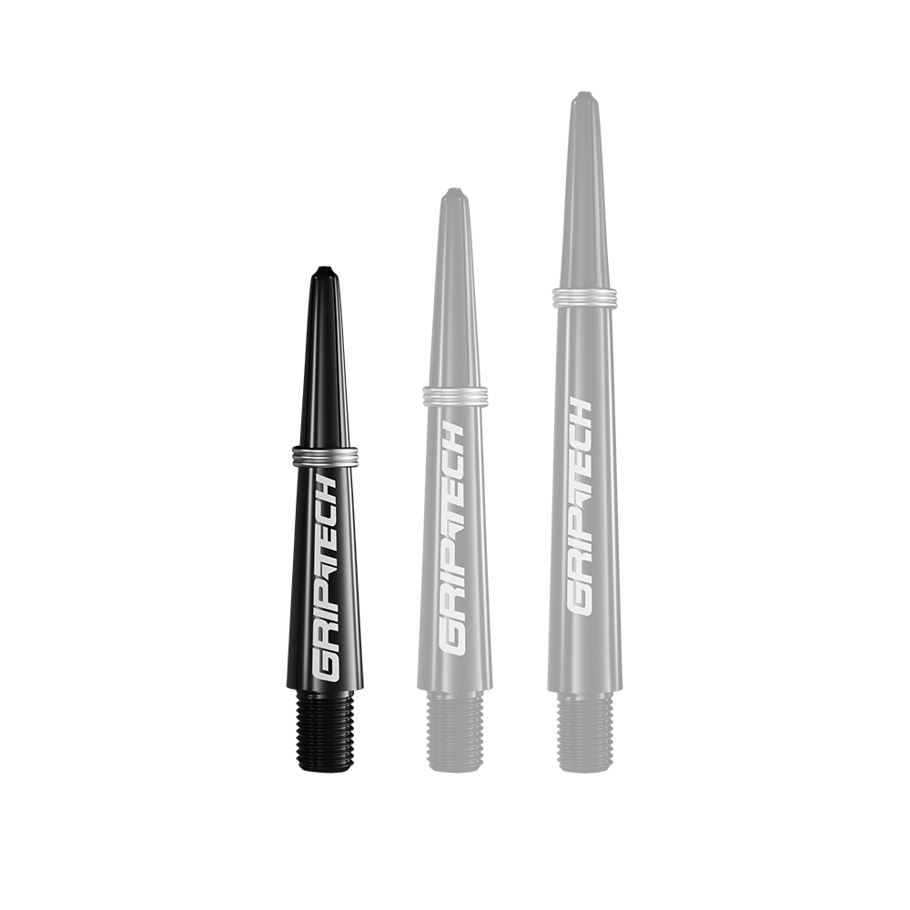 GOAT Griptech Shafts - Schwarz Das Bild zeigt drei schwarze Dartschäfte in unterschiedlichen Längen mit der Aufschrift "GRIPTECH". Sie sind senkrecht nebeneinander angeordnet und haben ein schlichtes, modernes Design.