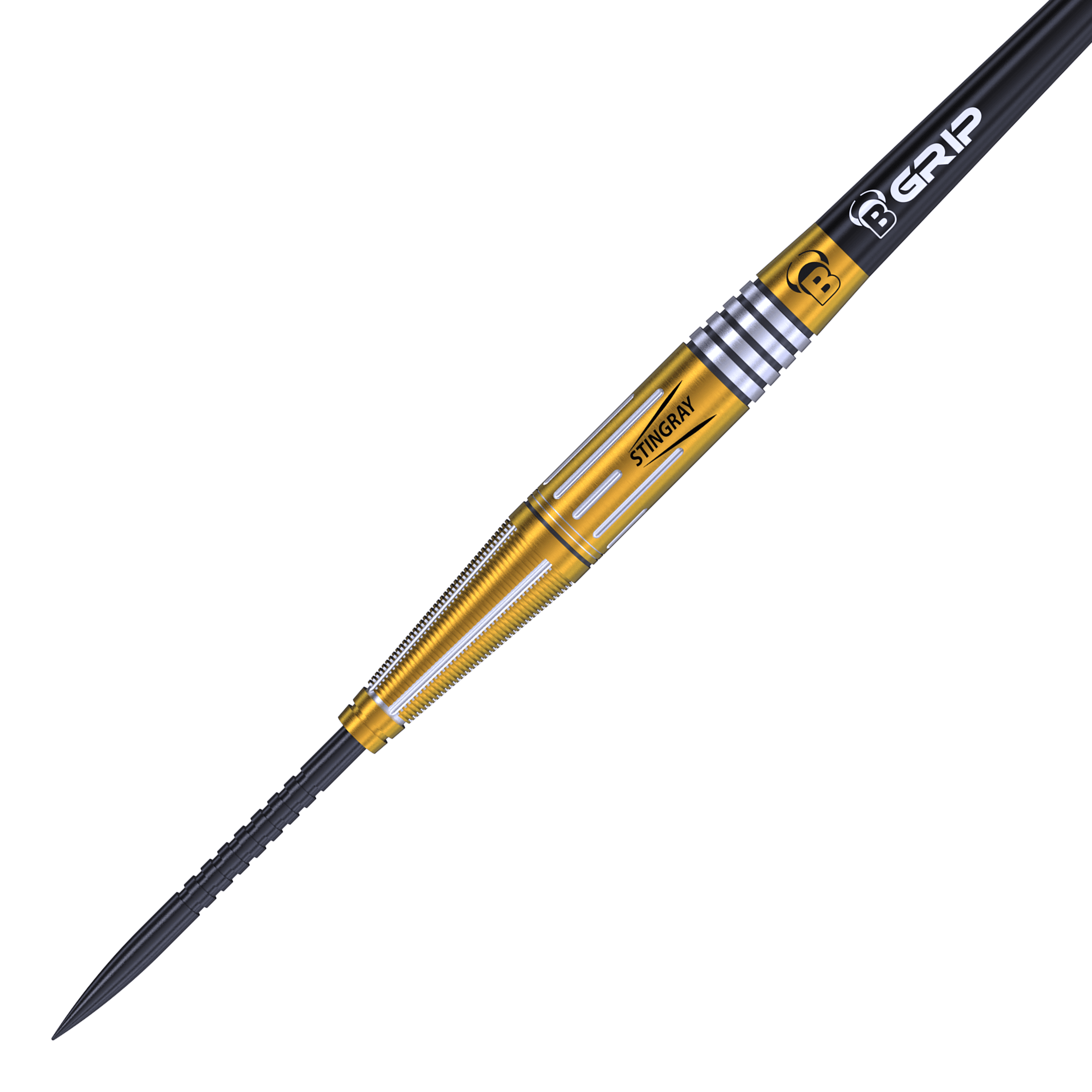 Bulls Stingray ST4 Steeldarts Das Bild zeigt einen Bulls Stingray ST4 Steeldart. Der Dartpfeil hat einen goldfarbenen Schaft mit silbernen Akzenten und einer schwarzen Spitze.