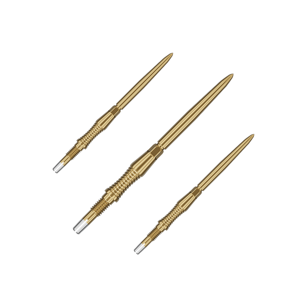 Ein Set von goldenen Target Swiss Point Dartspitzen Signature RST mit 35mm Länge ist abgebildet. Die Spitzen sind gleichmäßig nebeneinander angeordnet.