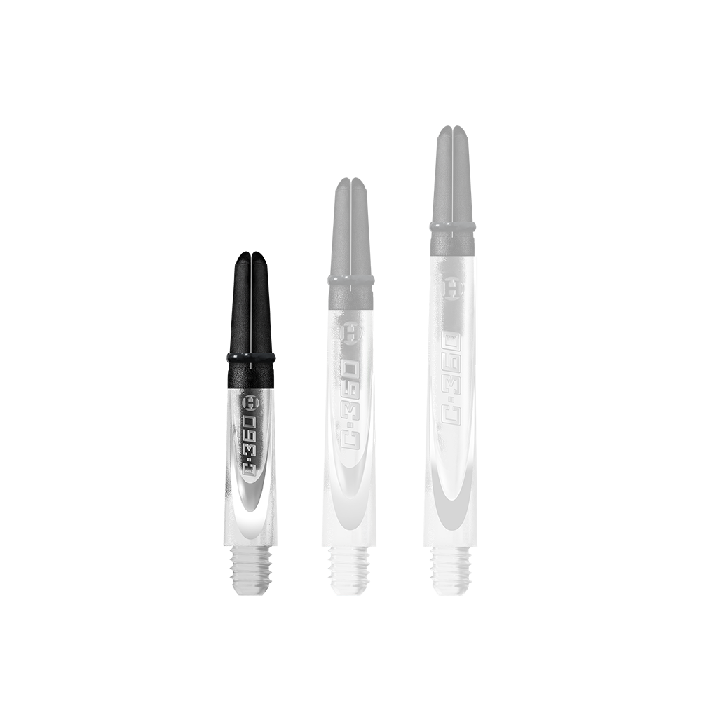 HR446_Harrows_Carbon_360_Shafts_Clear_35mm_1 Das Bild zeigt drei durchsichtige Harrows Carbon 360 Shafts für Darts in unterschiedlichen Längen. Die Shafts haben einen schwarzen oberen Teil und sind mit "C.360" beschriftet.