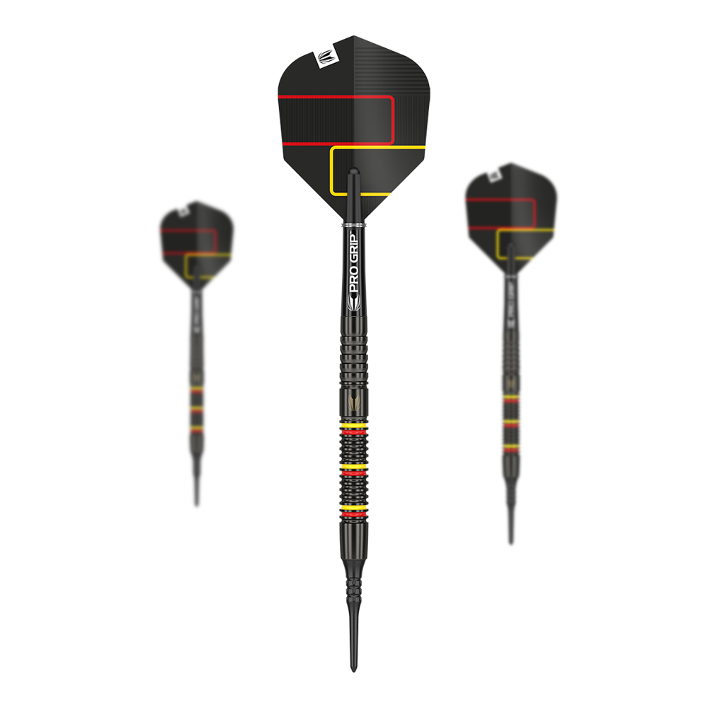 Target Gabriel Clemens Black Softdarts Das Bild zeigt drei schwarze Softdarts des Modells "Target Gabriel Clemens Black". Die Darts haben farbige Akzente in Rot und Gelb sowie moderne Flights mit geometrischem Muster.