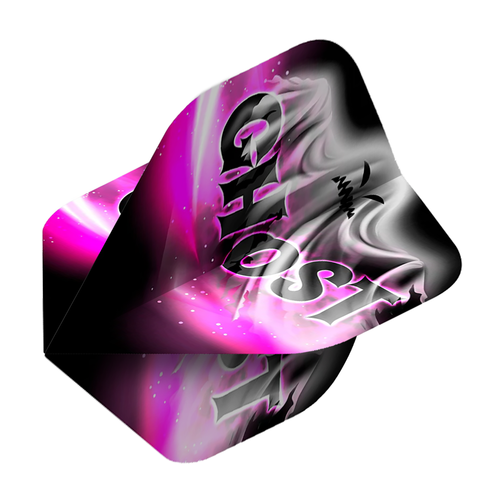 Mission Solo Bailey Marsh No2 Standard Flights Das Bild zeigt ein Dartflight mit dem Aufdruck "GHOST" in großen Buchstaben. Die Farben sind hauptsächlich Schwarz, Weiß und Pink mit einem nebligen, geisterhaften Muster.