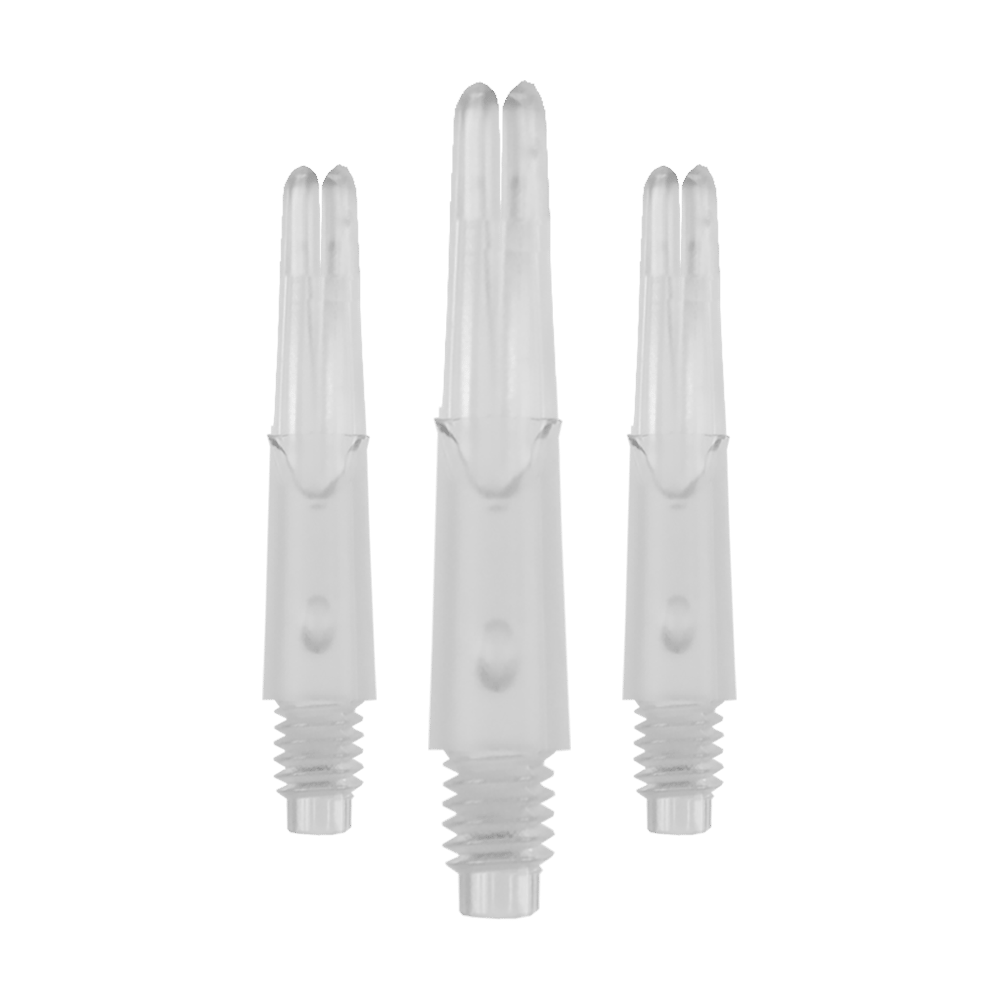 Das Bild zeigt drei transparente, gerade Kunststoffschäfte für Darts ohne Kappen. Die Schäfte haben ein Schraubgewinde am unteren Ende und sind 26 mm lang.
