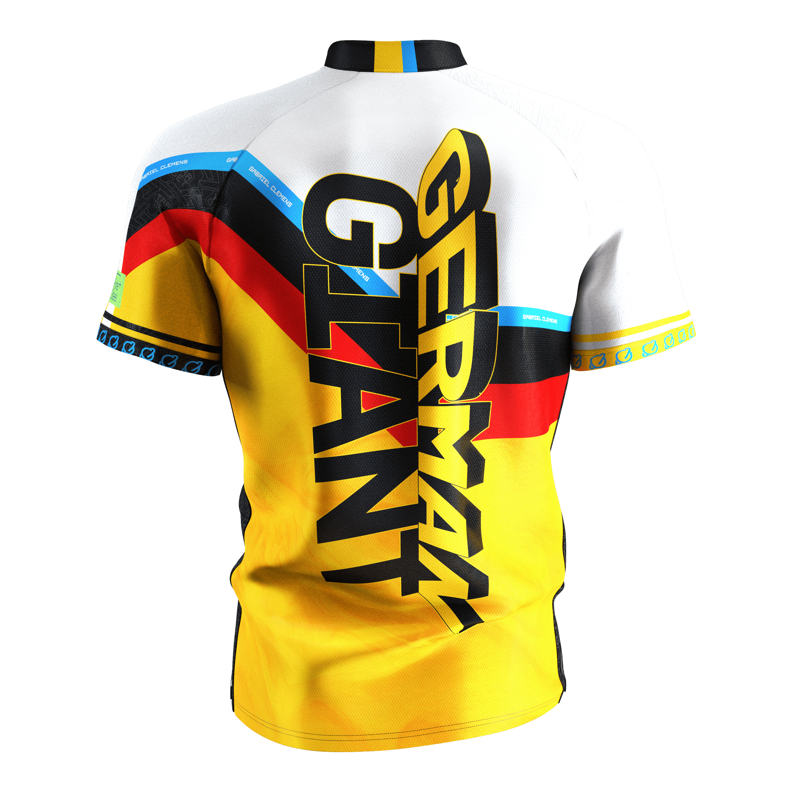 Target Coolplay Gabriel Clemens 2025 Dartshirt Das Bild zeigt das "Target Coolplay Gabriel Clemens 2025 Dartshirt" von hinten. Auf dem Shirt steht in großen Buchstaben "German Giant" und es ist in den Farben der deutschen Flagge gestaltet.
