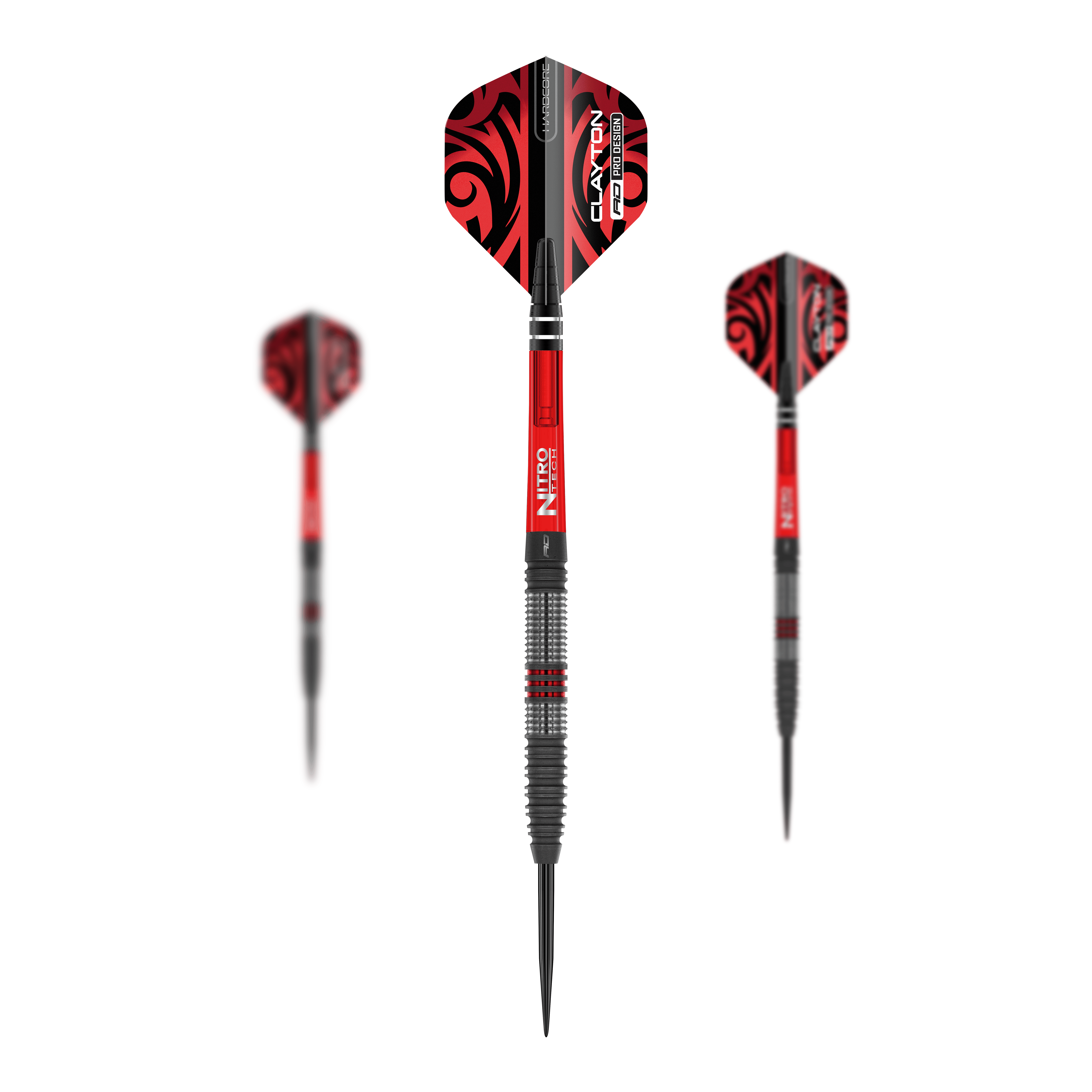Red Dragon Jonny Clayton Hiraeth Steeldarts Dieses Bild zeigt die Red Dragon Jonny Clayton Hiraeth Steeldarts. Die Darts haben ein auffälliges rotes und schwarzes Design mit strukturiertem Griff.