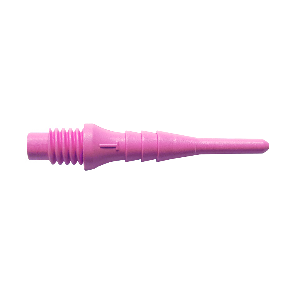 Das Bild zeigt eine einzelne pinke Kunststoff-Dartspitze aus dem Set "Bulls Tefo-X Shark Points (100er Pack)". Die Spitze hat ein Schraubgewinde auf der einen Seite und läuft spitz zu.