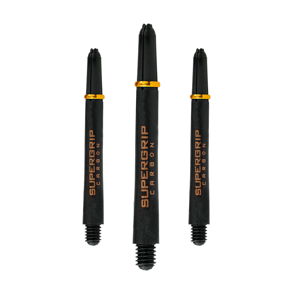 Das Bild zeigt drei Harrows Supergrip Carbon Shafts in der Farbe Gold. Die Shafts sind schwarz mit goldenen Akzenten und der Aufschrift "Supergrip Carbon".