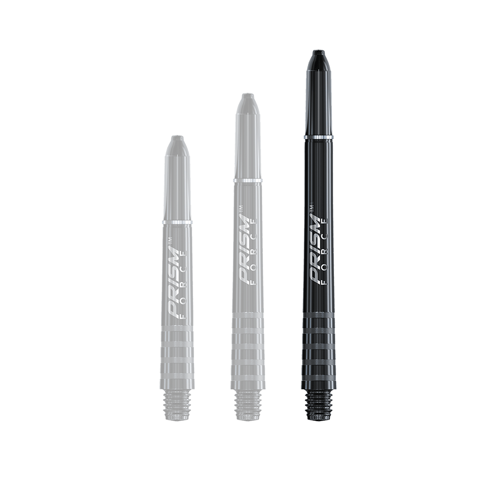 Auf dem Bild sind drei schwarze Dart-Schäfte in unterschiedlichen Längen zu sehen. Sie tragen die Aufschrift "Prism Force" und haben ein glänzendes, gerilltes Design.