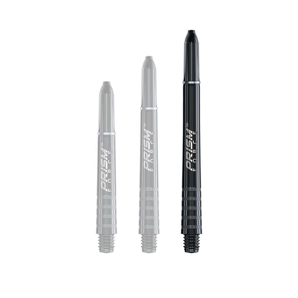 7020-201_Winmau_Prism_Force_Shafts_Schwarz_48mm_1gmS2ZS8KDkvqV Auf dem Bild sind drei schwarze Dart-Schäfte in unterschiedlichen Längen zu sehen. Sie tragen die Aufschrift "Prism Force" und haben ein glänzendes, gerilltes Design.