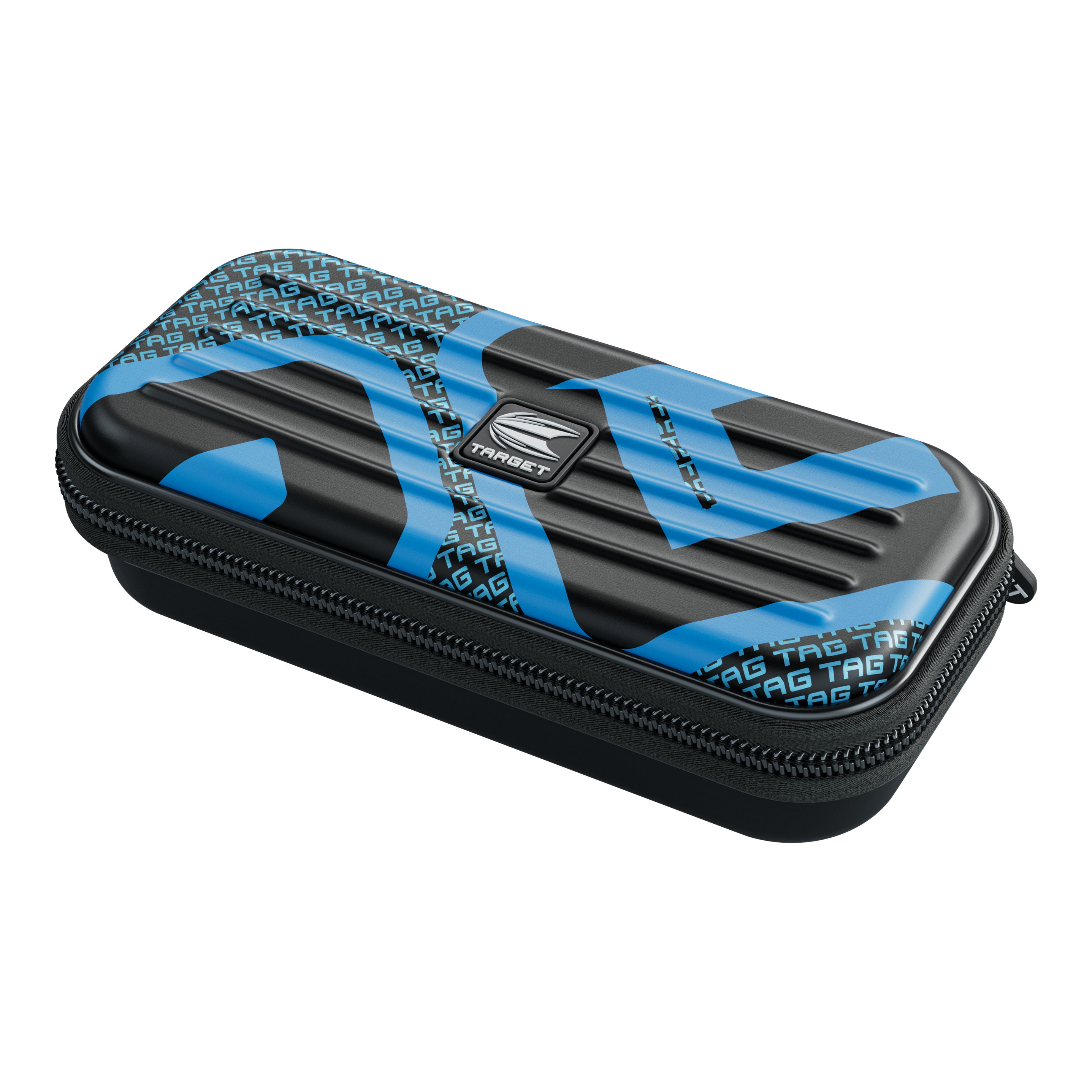 Das Bild zeigt ein schwarzes Etui mit blauen Mustern und der Aufschrift "TAG" auf dem Deckel. Das Etui hat einen Reißverschluss und ist vermutlich für Dart-Zubehör gedacht.