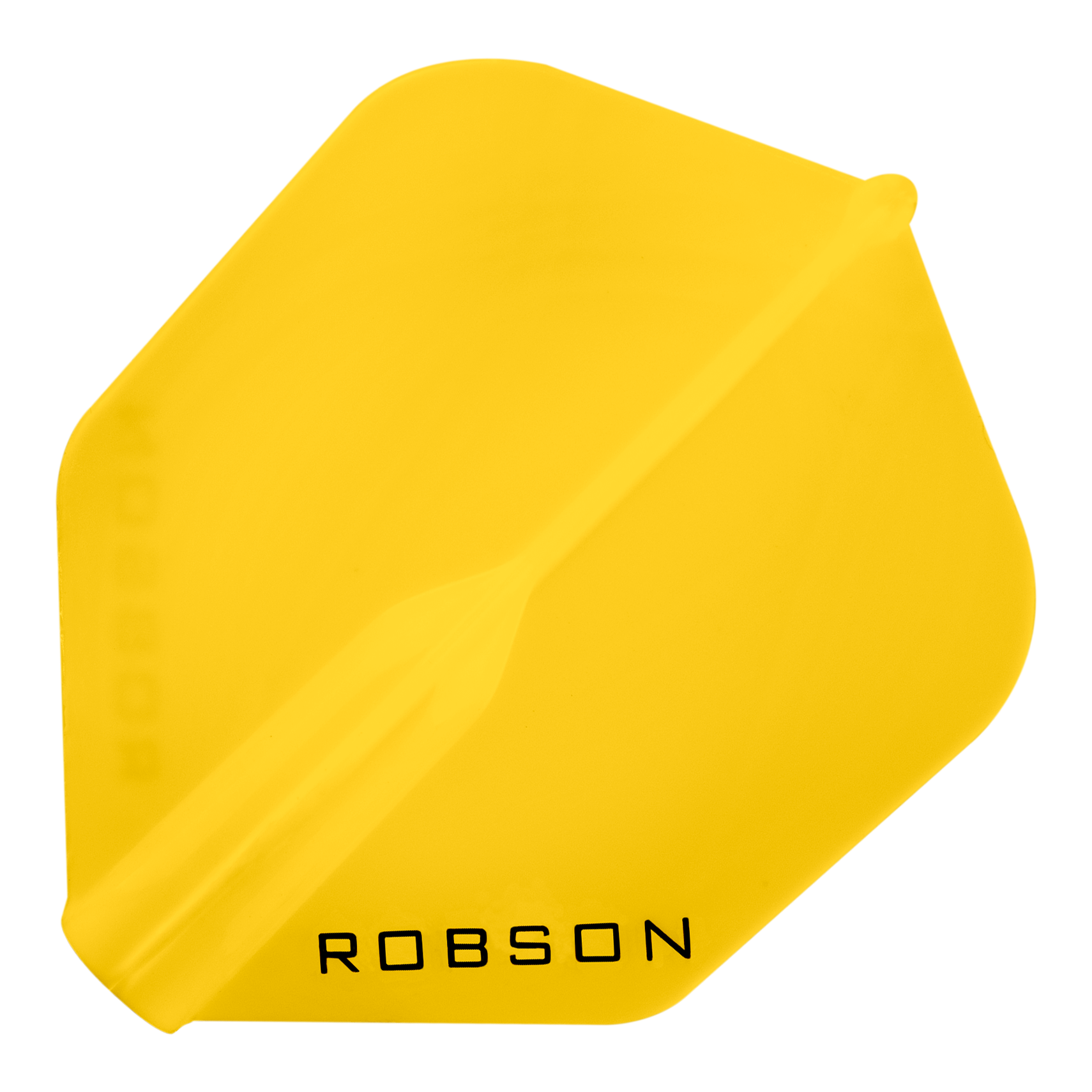 Das Bild zeigt ein gelbes Dartflight mit der Aufschrift "ROBSON". Das Flight hat eine klassische, leicht abgerundete Form.
