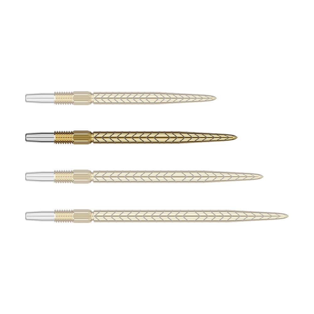 Das Bild zeigt vier goldene Dartspitzen mit eingraviertem Muster, die horizontal ausgerichtet sind. Die Spitzen haben silberfarbene Enden und sind identisch gestaltet.